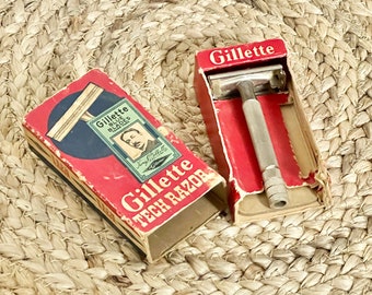 rasoir pour hommes Gillette Tech vintage, lames bleues, décoration de salle de bain, avec boîte d'origine sans lames, rasoir uniquement