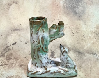 vintage vase bourgeon de chien et d'oiseaux occupés du Japon, figurine de petit animal, sculpture