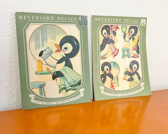 Décalcomanies de transfert d'eau vintage pour décoration de salle de bain, pingouins, décalcomanies Meyercord originales des années 50