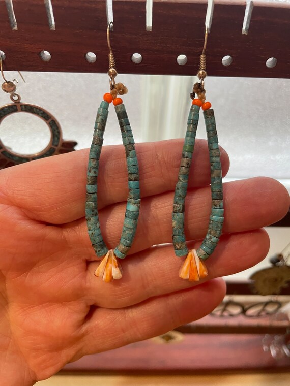 SALE! Turquoise and Spiny Oyster Navajo earrings, 