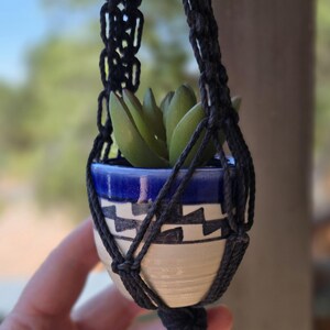 May include: A small ceramic pot with a blue rim and geometric black and white design, holding a green succulent plant. The pot is suspended in a black macrame plant hanger, creating a bohemian aesthetic. The plant and pot are in focus.