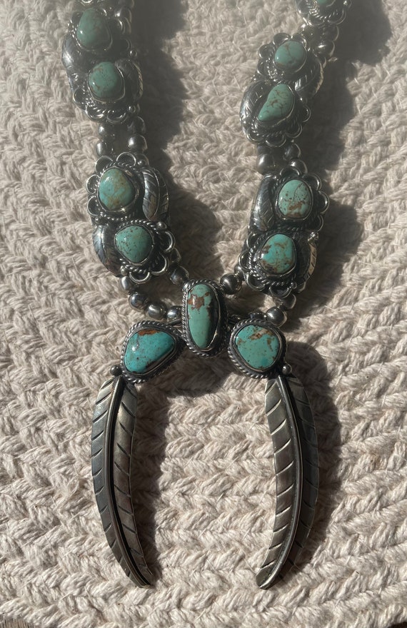 Turquoise and Silver Squash Necklace with Feathers