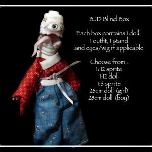 Może przedstawiać: Lalka BJD Blind Box o unikalnym designie, ubrana w czerwoną bluzkę we wzory, niebieskie spodnie w kwiaty i biały kołnierzyk. Lalka ma długi, różowy język i białą głowę. Tekst na zdjęciu wymienia rozmiary i zawartość lalki.