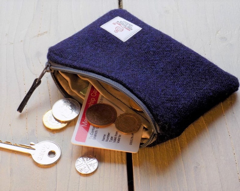 Italian navy plain weave with grey zip and grey cotton lining Harris Tweed coin pursezipper pursegadget pouch