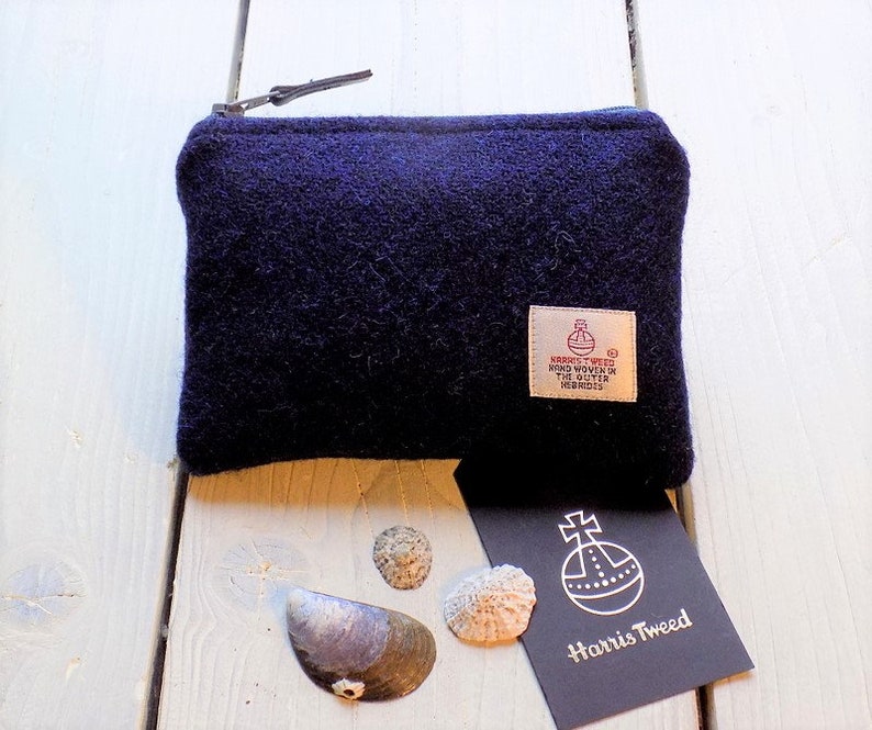 Italian navy plain weave with grey zip and grey cotton lining Harris Tweed coin pursezipper pursegadget pouch