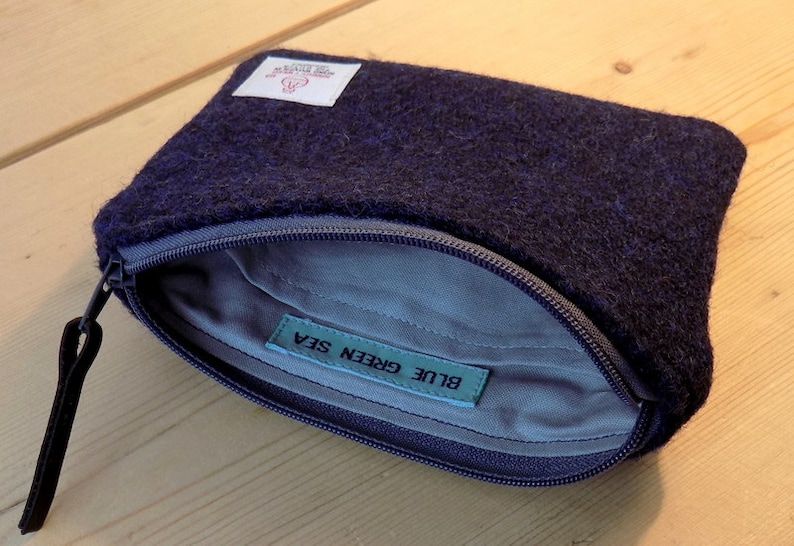 Italian navy plain weave with grey zip and grey cotton lining Harris Tweed coin pursezipper pursegadget pouch