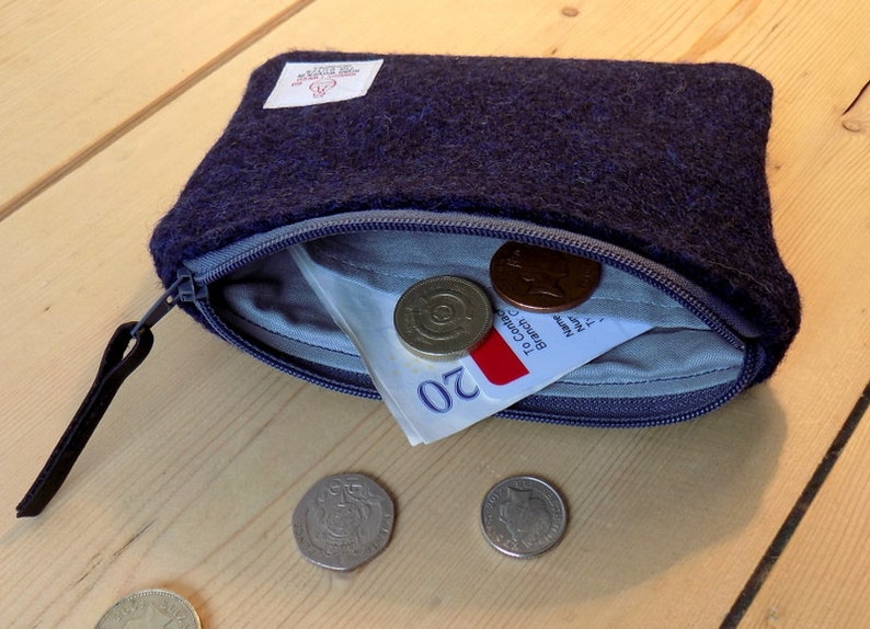 Italian navy plain weave with grey zip and grey cotton lining Harris Tweed coin pursezipper pursegadget pouch