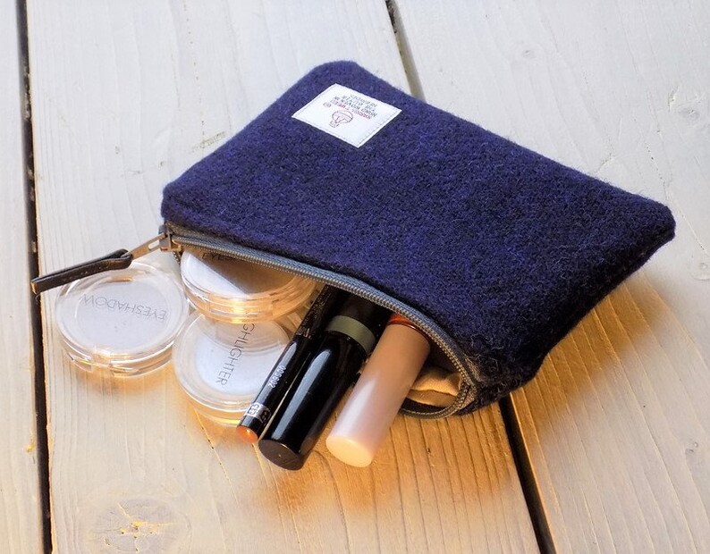 Italian navy plain weave with grey zip and grey cotton lining Harris Tweed coin pursezipper pursegadget pouch