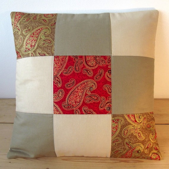 Items similar to Quilted cushion cover Red and gold paisley prints