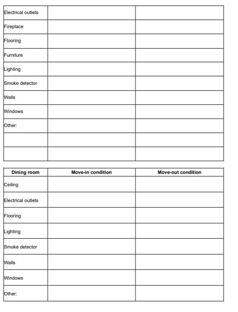 May include: A printable checklist for documenting the condition of a dining room before and after a tenant moves in and out. The checklist includes items such as ceiling, electrical outlets, flooring, lighting, smoke detector, walls, windows, and other.