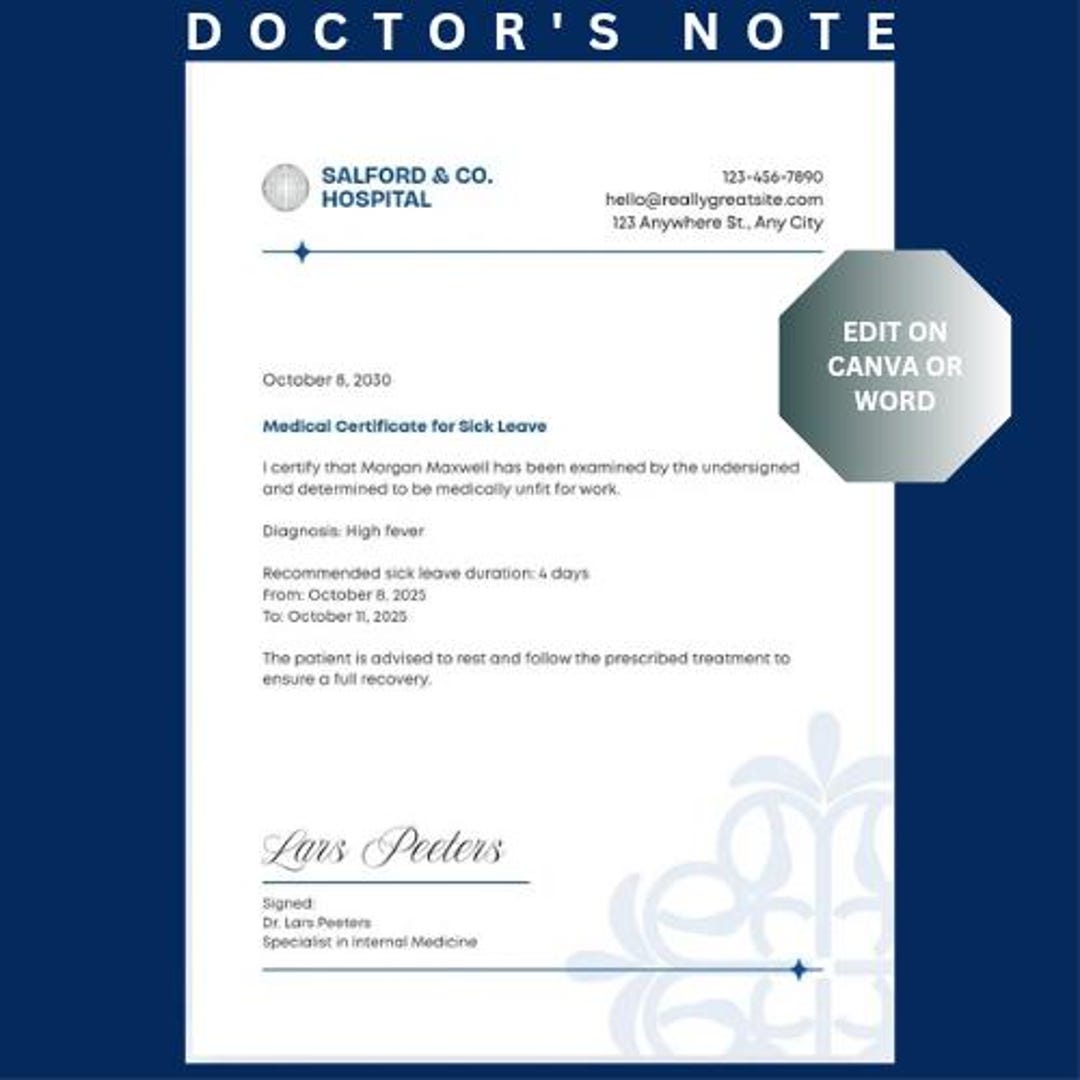 Doctor's Note for Sick Leave - Etsy