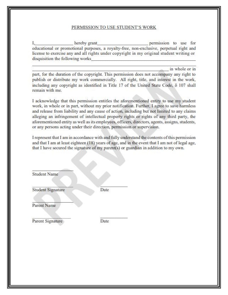 Parental Consent Form - Permission to Use Student's Work - Etsy