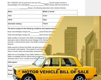 Puede incluir: Un formulario de venta de vehículo motor amarillo con una ilustración de un coche amarillo. El formulario incluye campos para la marca, el año, el VIN, la lectura del odómetro, el modelo o la serie, el color, el estilo y el número de título. El formulario también incluye secciones para los reconocimientos y las garantías del comprador y del vendedor.
