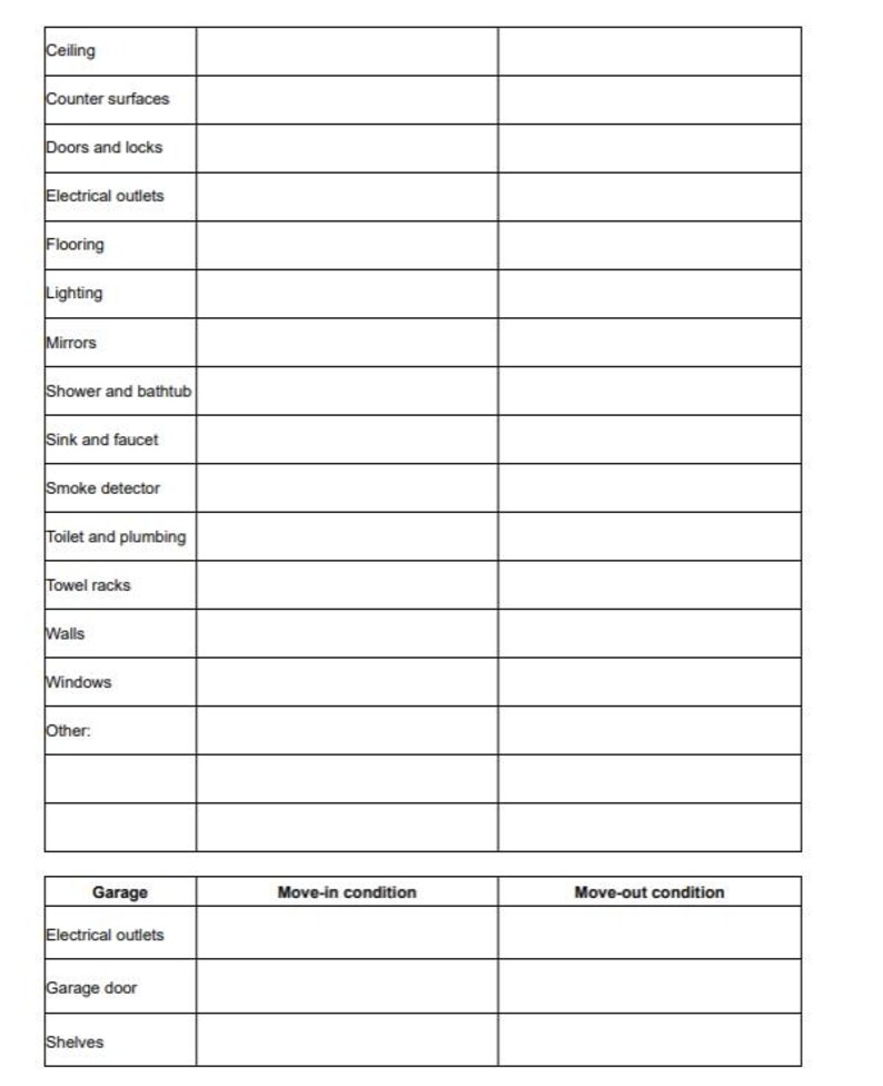 May include: A checklist for move-in and move-out conditions for a house or apartment. The checklist includes items such as ceiling, counter surfaces, doors and locks, electrical outlets, flooring, lighting, mirrors, shower and bathtub, sink and faucet, smoke detector, toilet and plumbing, towel racks, walls, windows, and other. The checklist also includes items for a garage, such as electrical outlets, garage door, and shelves.