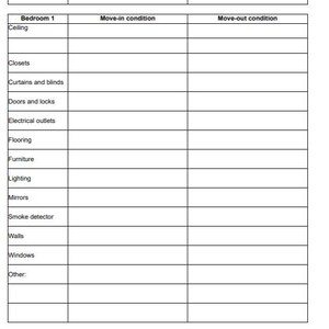 May include: A blank checklist for move-in and move-out conditions for a bedroom and bathroom. The checklist includes items such as ceiling, closets, curtains and blinds, doors and locks, electrical outlets, flooring, furniture, lighting, mirrors, smoke detector, walls, windows, and other.