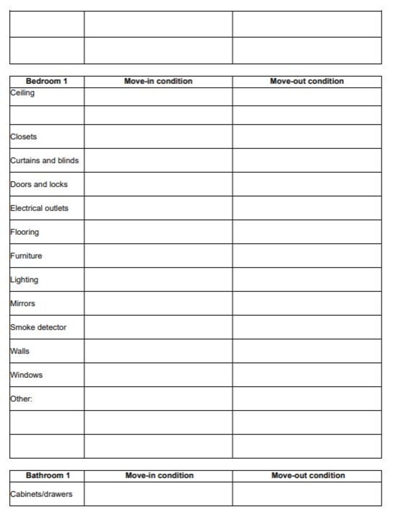 May include: A blank checklist for move-in and move-out conditions for a bedroom and bathroom. The checklist includes items such as ceiling, closets, curtains and blinds, doors and locks, electrical outlets, flooring, furniture, lighting, mirrors, smoke detector, walls, windows, and other.