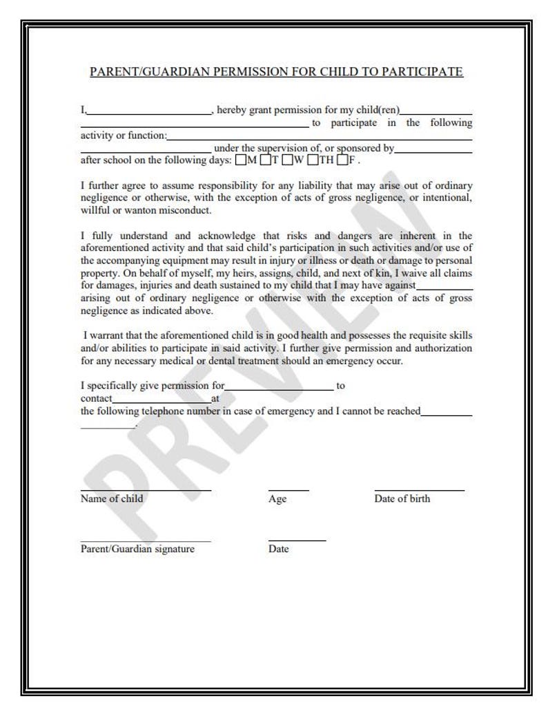 Parental Consent Form - Parent/guardian Permission for Child to ...