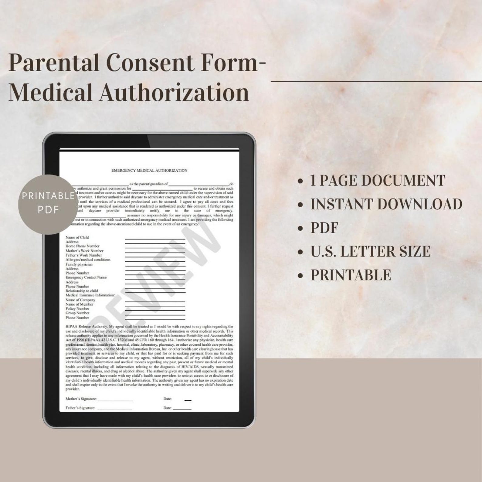 Parental Consent Form - Medical Authorization - Etsy