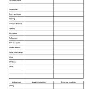 May include: A printable checklist for move-in and move-out conditions for a living room. The checklist includes items such as ceiling, curtains and blinds, and doors and locks.