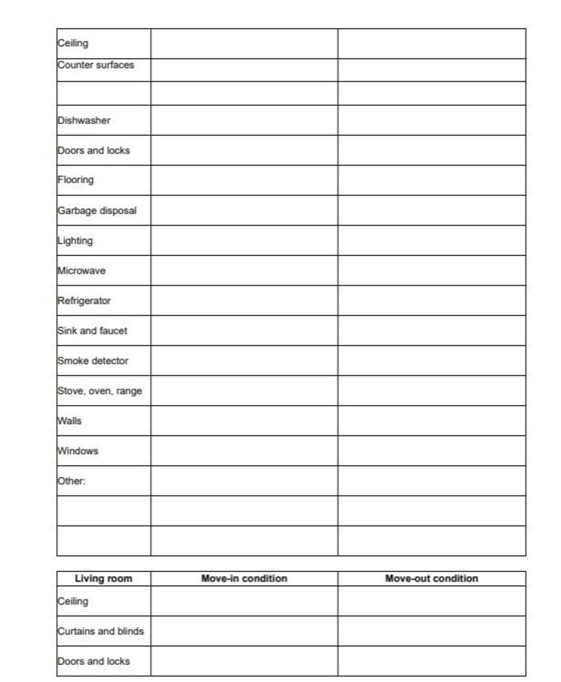 May include: A printable checklist for move-in and move-out conditions for a living room. The checklist includes items such as ceiling, curtains and blinds, and doors and locks.