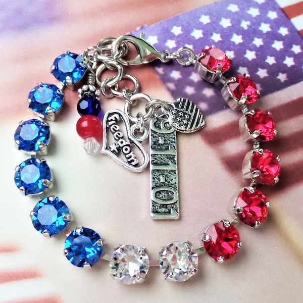 9-11, Crystal Bracelet, 8mm, Twin Towers, Red, White, Blue, America, Memory, Patriotic  DKSJewelrydesigns, FREE SHIPPING