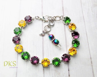 Mardi Gras, Crystal, 8mm Bracelet, New Orleans, Party, Bridal, Mardi Gras Colors,DKSJewelrydesigns, FREE SHIPPING