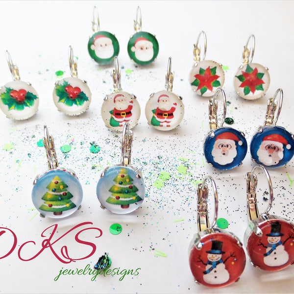 Christmas Earrings, Handmade, Glass Cabochons, 12mm, Lever backs, Stocking Stuffers, Holiday, DKSJewelrydesigns, FREE SHIPPING