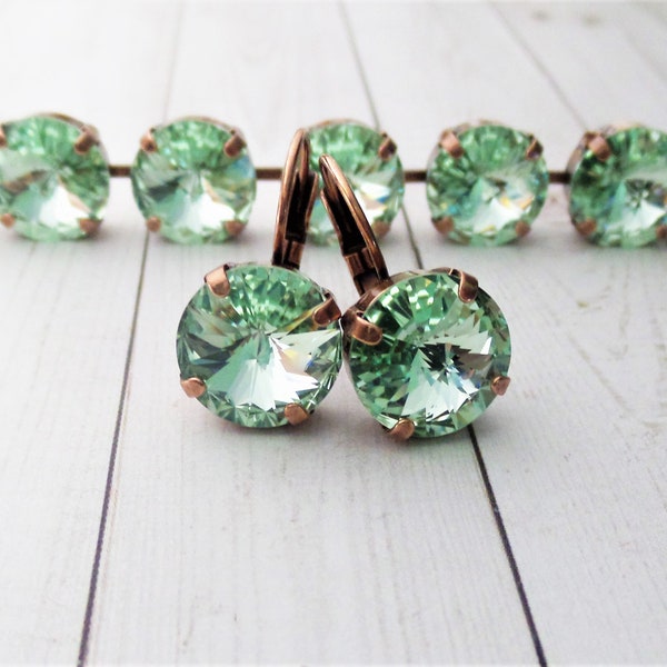 Chrysolite, 12mm crystal Lever Back Earring, Copper Setting, Green, Copper, Drop, Dangle, Green, DKSJewelrydesigns, FREE SHIPPING