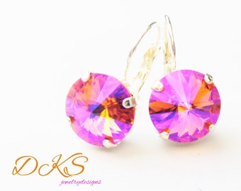 Tangerine Glacier Blue, Crystal Earrings, 12mm, Shimmer, Bridal, Lever Back, DKSJewelrydesigns, FREE SHIPPING