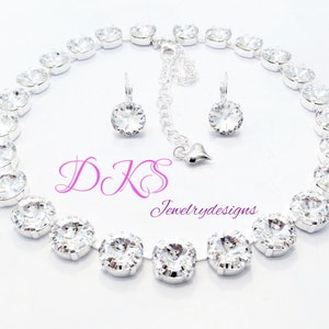 Swarovski, Crystal Clear, Necklace Set, Classic, Round,  Bridal, Adjustable, 12mm, Lever Back Earrings,  DKSJewelrydesigns.