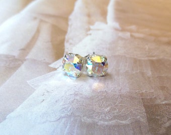 Finest, Austrian Crystal, Bridal Studs, Earrings, Bridesmaids Gift, AB, Classic, Jewelry, 8mm, DKSJewelrydesigns, FREE SHIPPING