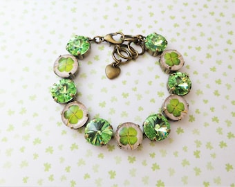 Today, Irish, Crystal 12mm Bracelet, Green, Shamrock,Glass Cabs, St. Patricks Day,Adjustable, DKSJewelrydesigns