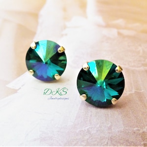 Crystal Stud Earrings, 12mm, Peacock Green, Bridal, Jewelry, DKSJewelrydesigns