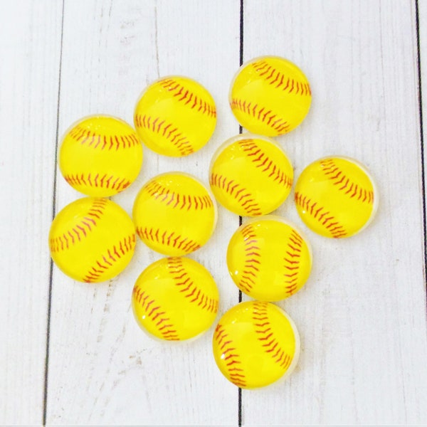 Softball, Photo Cabochons, 12mm, (1/2 in.), Glass, Round, 10 Pieces, Sports, Jewelry, Supplies, DKSJewelrydesigns