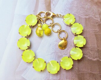 Electric Yellow, 12mm Crystal Bracelet, Bridal, Summer, Neon, Adjustable, Rivoli, Jewelry, Gift, DKSJewelrydesigns