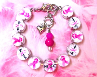 Breast Cancer Awareness, Bracelet, 12mm, Round, Support, Hope, Jewelry, Gift, Adjustable, DKSJewelrydesigns, FREE SHIPPING