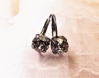 Finest Austrian Crystal, Earrings, 8mm, Black Patina, Lever Back, Drop, Dangle, Bridal, Jewelry, Gift, DKSJewelrydesigns,