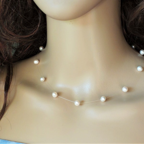 Real, Freshwater, Pearl, Illusion, Necklace, Bridal, Invisible, Floating, Classic, Jewelry, gift, DKSJewelrydesigns, FREE SHIPPING