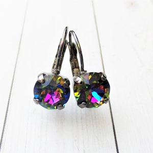 Midnight Blooms, Rare, Crystal, 8mm Solitaire Drop Earrings, Bridal, Dangles, Lever Backs, Rainbow, DKSJewelrydesigns,FREE SHIPPING