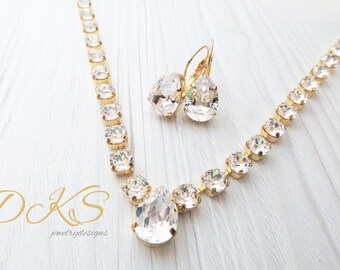 Beautiful Pear, Finest Crystal, Bridal Necklace, Crystal Clear, 14X10 Pear, 6mm Rounds, Adjustable ,DKSJewelrydesigns