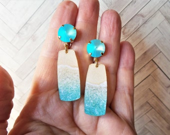 Ocean Waves, and Crystal, Dangle, Drop, Earrings, Acrylic, Lightweight, Blue, Turquoise, Beach, DKSJewelrydesigns, FREE SHIPPING