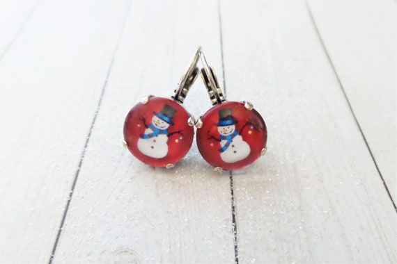 Red Snowman, 12mm, Domed, Glass Lever Back Earrings, Handmade, Dangle, Drop, Winter, Christmas, Gift, DKSJewelrydesigns