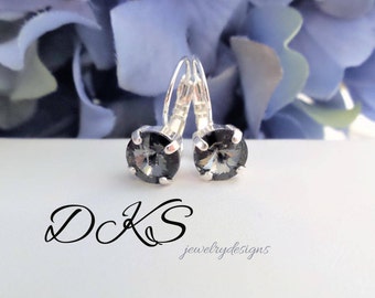 Silver Night,crystal Bridal Earrings, 8MM, Solitaire, Lever Backs, Dangles, Drops, Black, Best Seller, DKSJewelrydesigns,