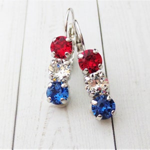 Freedom, 6mm Finest Crystal Triple Stone Earrings, Petite, Dangles, Drops, 4th of July, Patriotic, Memory, DKSJewelrydesigns