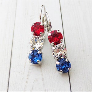 Freedom, 6mm Finest Crystal Triple Stone Earrings, Petite, Dangles, Drops, 4th of July, Patriotic, Memory, DKSJewelrydesigns, FREE SHIPPING