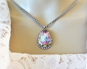 Crystal Pear Pendant, Bridal, Halo Crystal, Statement, Large, Vitrail Light, Rainbow, DKSJewelrydesigns, FREE SHIPPING