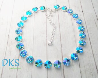 Perfect Summer, 12mm Crystal  Necklace, Bridal, Blue Shimmer, Rainbow, Beach, Statement, DKSJewelrydesigns, FREE SHIPPING