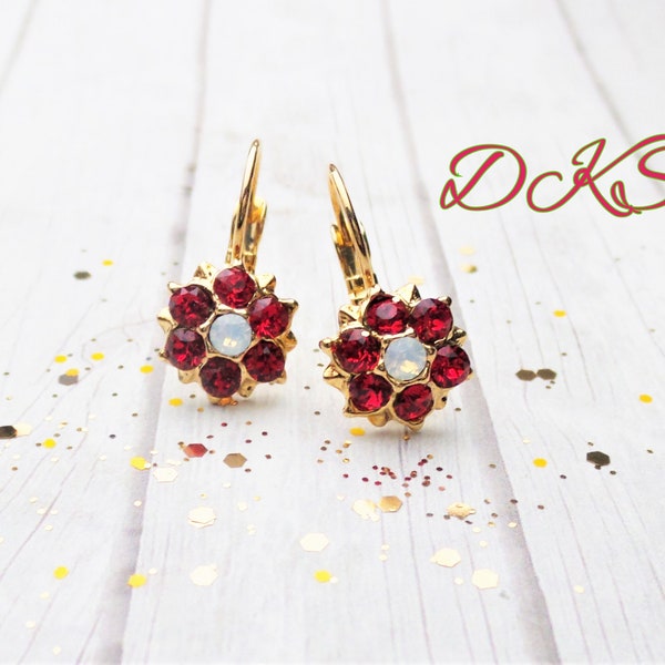 Christmas  Flower Earrings, Crystal, Red, Bridal, Gold, Lever Backs, Petite, poinsettia,  DKSJewelrydesigns, FREE SHIPPING