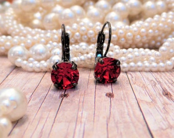 Temptress, el más vendido, pendientes de cristal de 8 mm con cierre de palanca, color rojo, siam, con engaste de hematita negra, colgantes, DKSJewelrydesigns.
