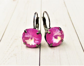 Ultra Pink A.B. in Black, 12mm Austrian Crystal Earring, Lever Back, Drop, Bridal, Jewelry, Gift, DKSJewelrydesigns,